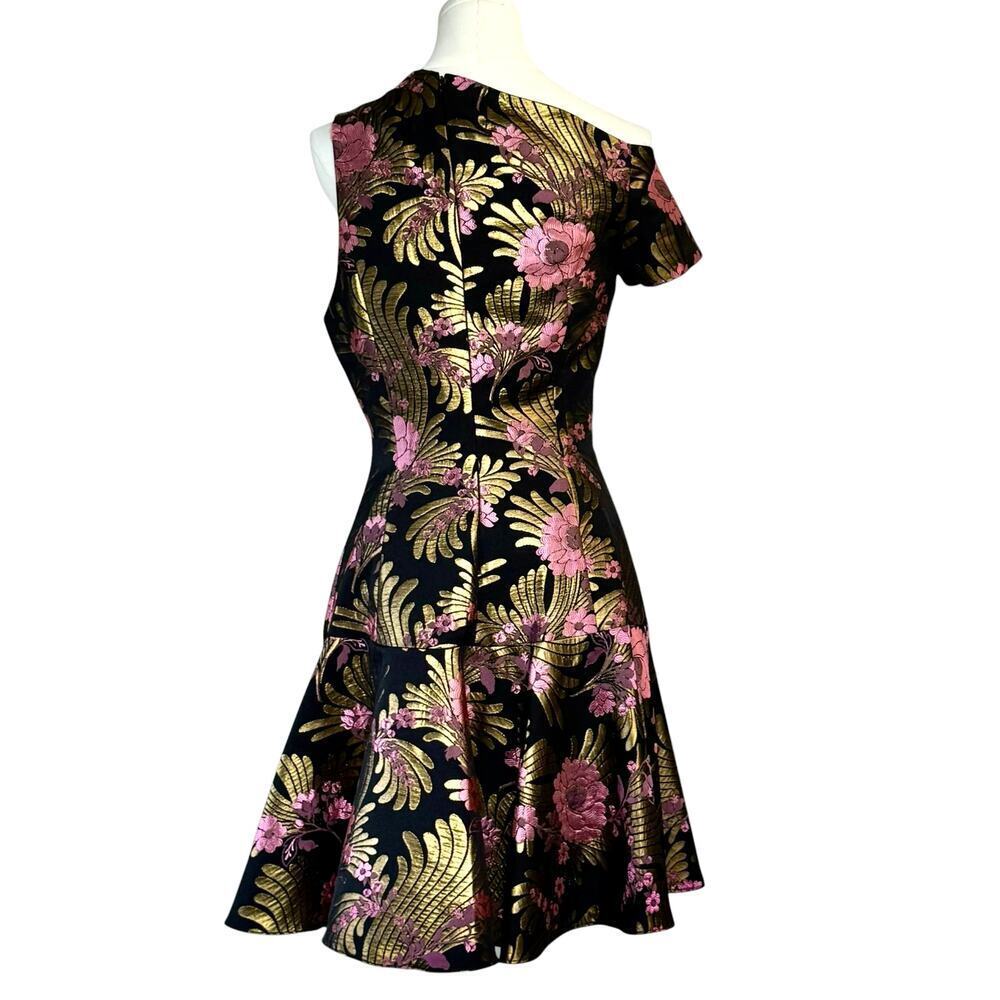 Josie Natori Floral Jacquard Dress Off Shoulder Black Gold Pink Fit Flare Size 4 - Picture 4 of 9